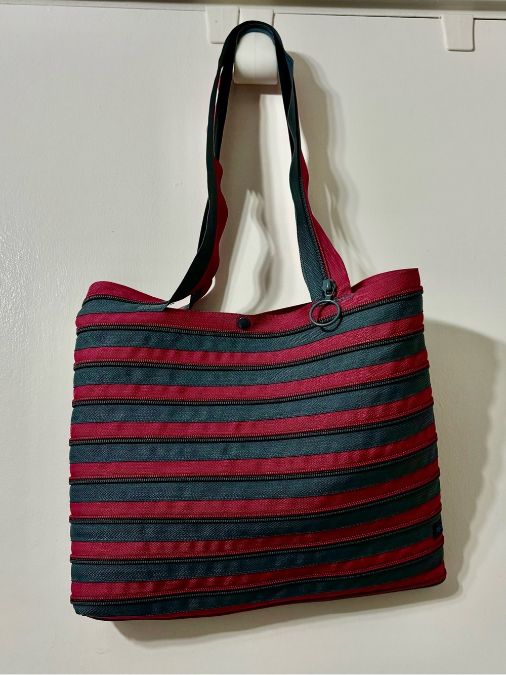 Striped Pink and Grey Small Tote Bag - Made From Zippers!